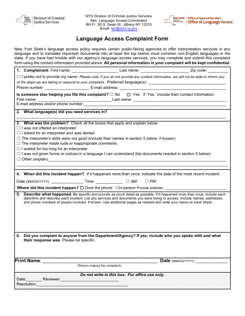 Language Access Complaint Form - New York Download Pdf