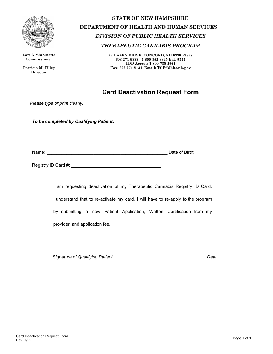 Card Deactivation Request Form - New Hampshire, Page 1