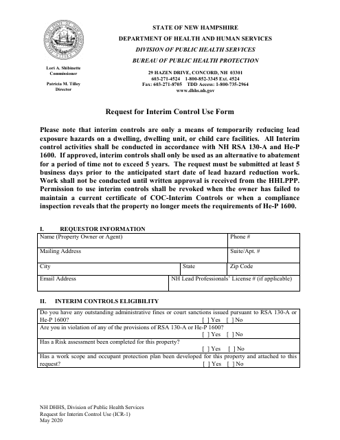 Form ICR-1 Request for Interim Control Use Form - New Hampshire