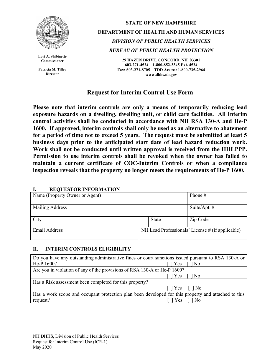 Form ICR-1 Request for Interim Control Use Form - New Hampshire, Page 1