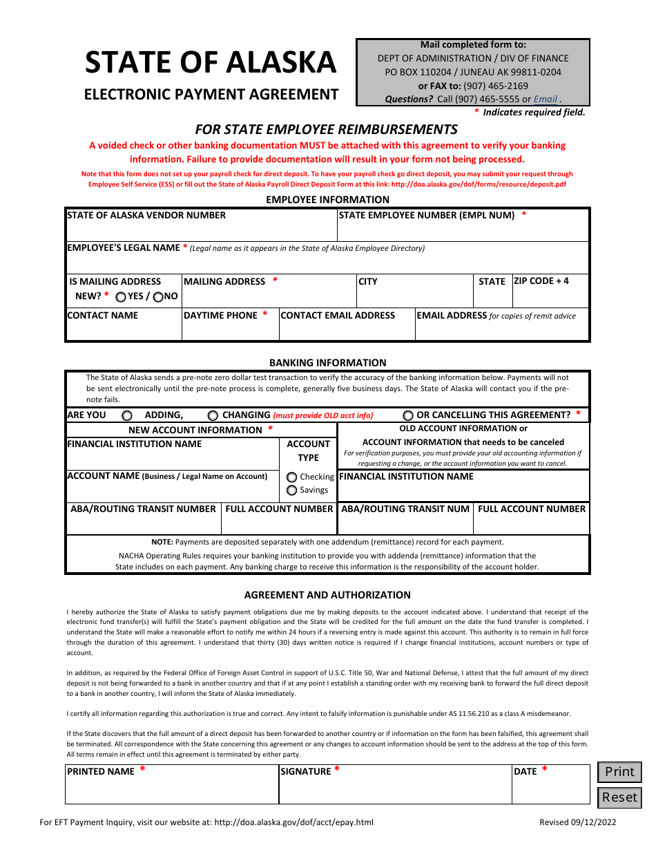 Electronic Payment Agreement for State Employee Reimbursements - Alaska, Page 1