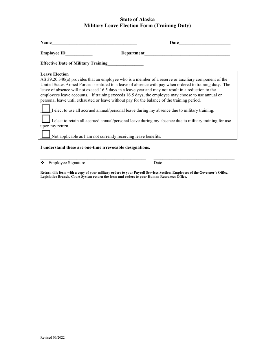 Military Leave Election Form (Training Duty) - Alaska, Page 1
