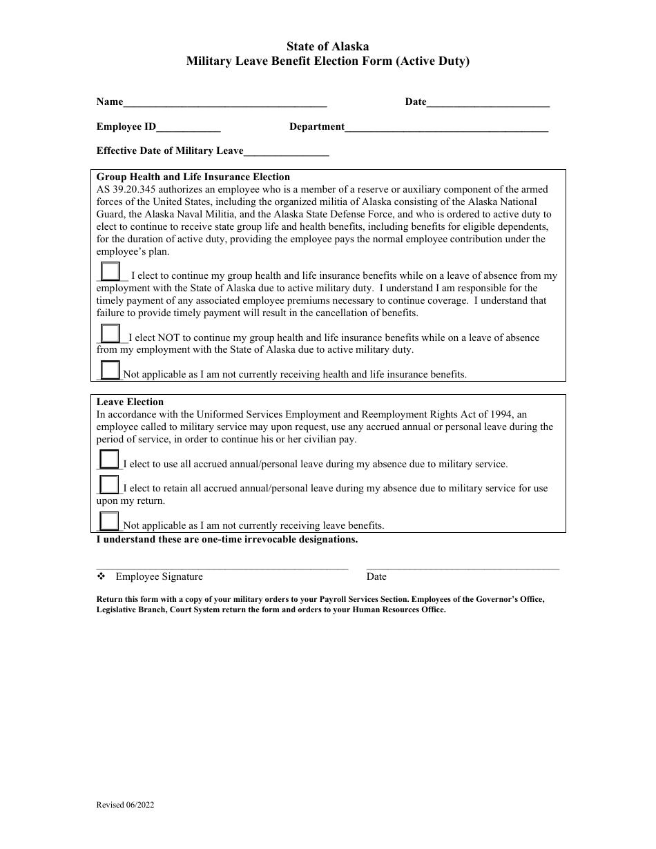 Military Leave Benefit Election Form (Active Duty) - Alaska, Page 1