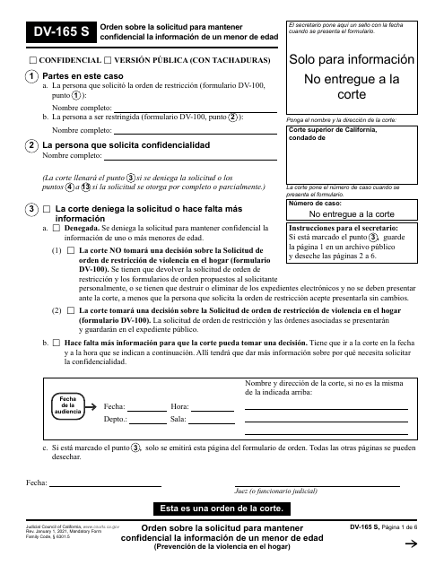 Formulario DV-165 Orden Sobre La Solicitud Para Mantener Confidencial La Informacion De Un Menor De Edad - California (Spanish)