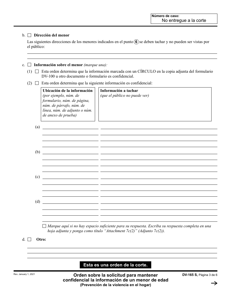 Formulario DV-165 Orden Sobre La Solicitud Para Mantener Confidencial La Informacion De Un Menor De Edad - California (Spanish), Page 3