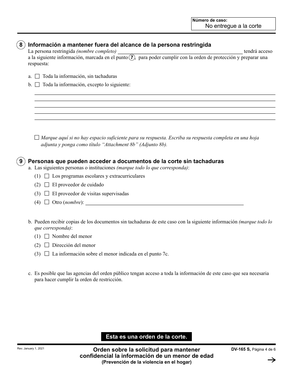 Formulario DV-165 Orden Sobre La Solicitud Para Mantener Confidencial La Informacion De Un Menor De Edad - California (Spanish), Page 4