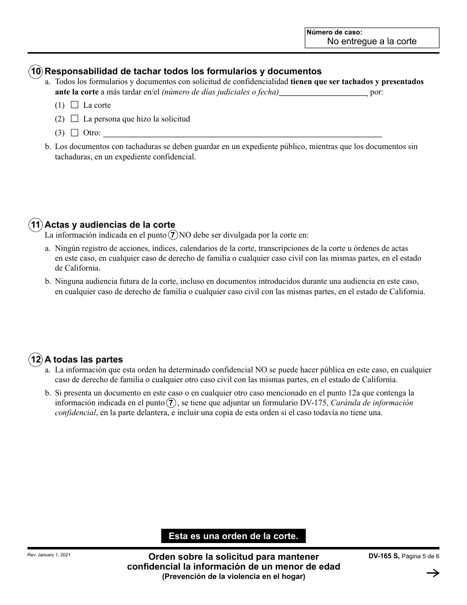 Formulario DV-165 Orden Sobre La Solicitud Para Mantener Confidencial La Informacion De Un Menor De Edad - California (Spanish), Page 5