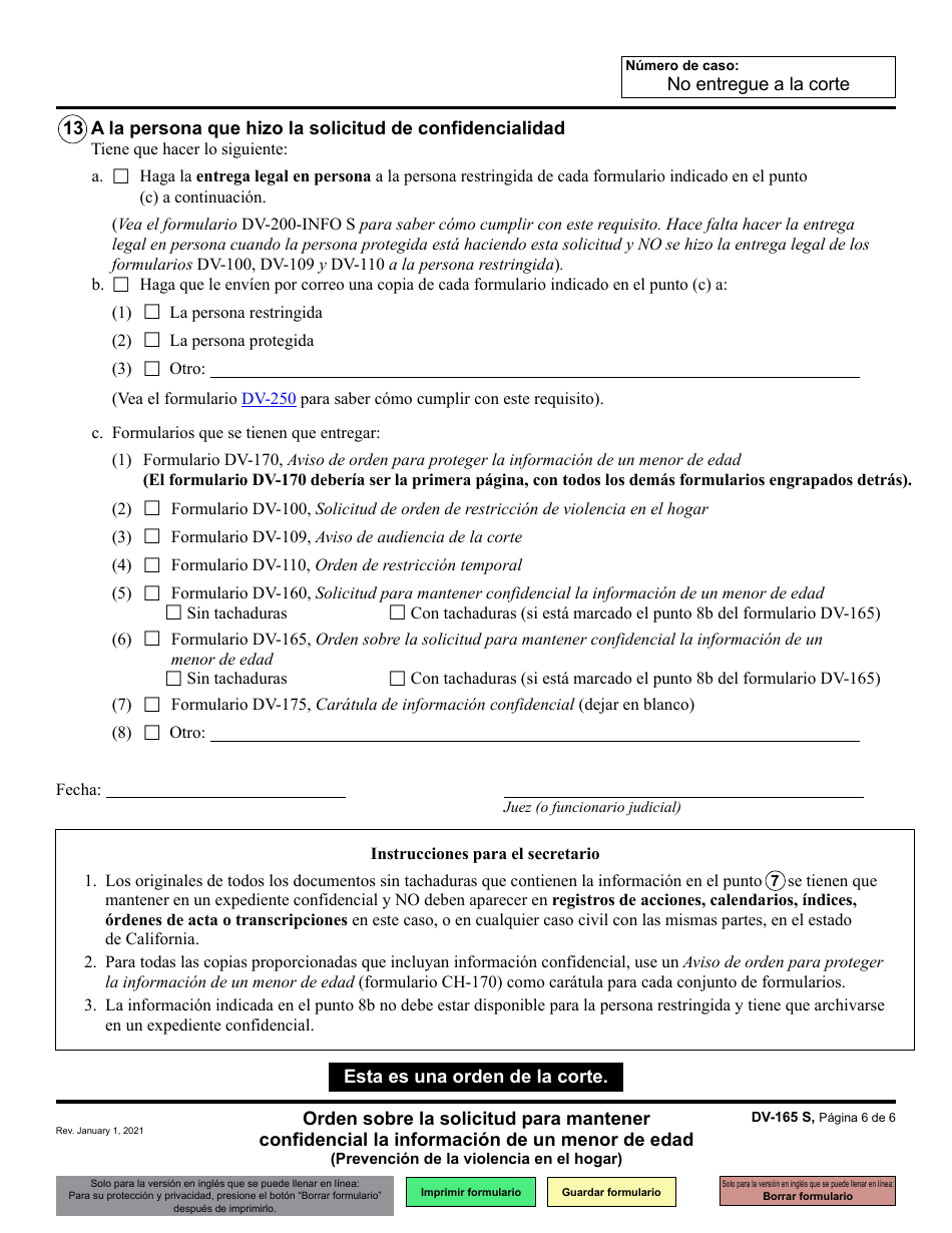 Formulario DV-165 Orden Sobre La Solicitud Para Mantener Confidencial La Informacion De Un Menor De Edad - California (Spanish), Page 6