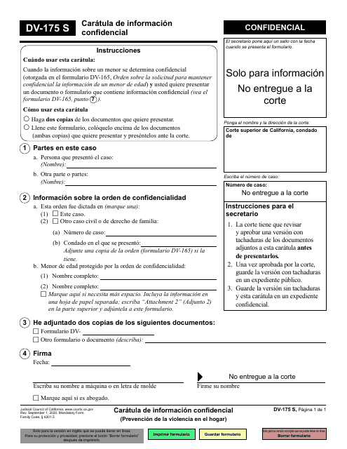Formulario DV-175 Caratula De Informacion Confidencial - California (Spanish)