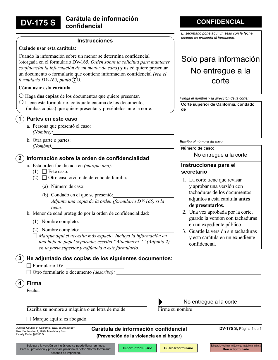 Formulario DV-175 Caratula De Informacion Confidencial - California (Spanish), Page 1