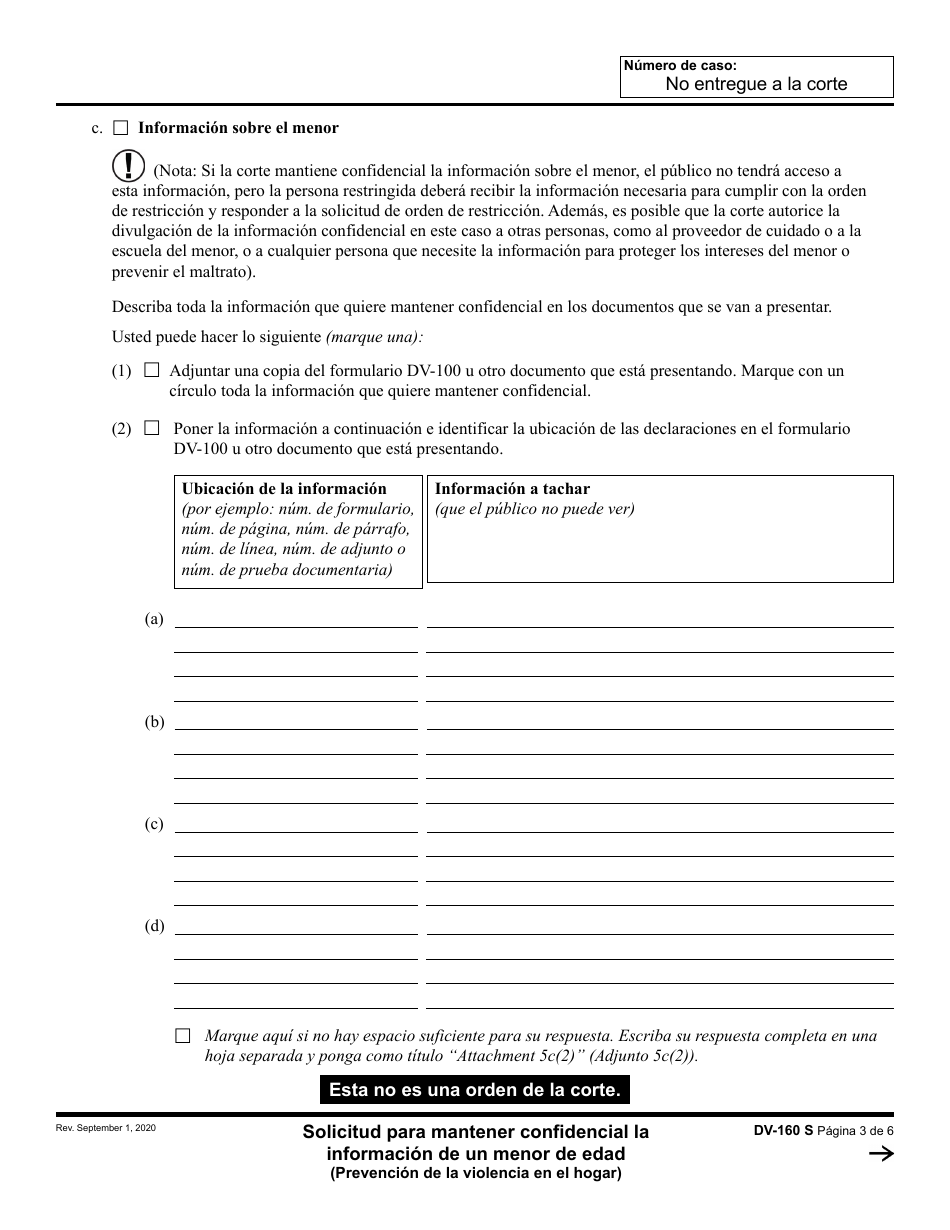 Formulario DV-160 Solicitud Para Mantener Confidencial La Informacion De Un Menor De Edad - California (Spanish), Page 3