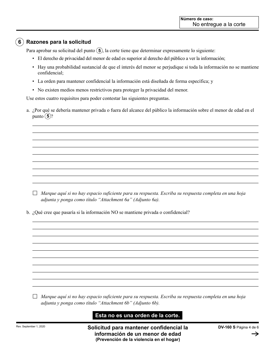 Formulario DV-160 Solicitud Para Mantener Confidencial La Informacion De Un Menor De Edad - California (Spanish), Page 4