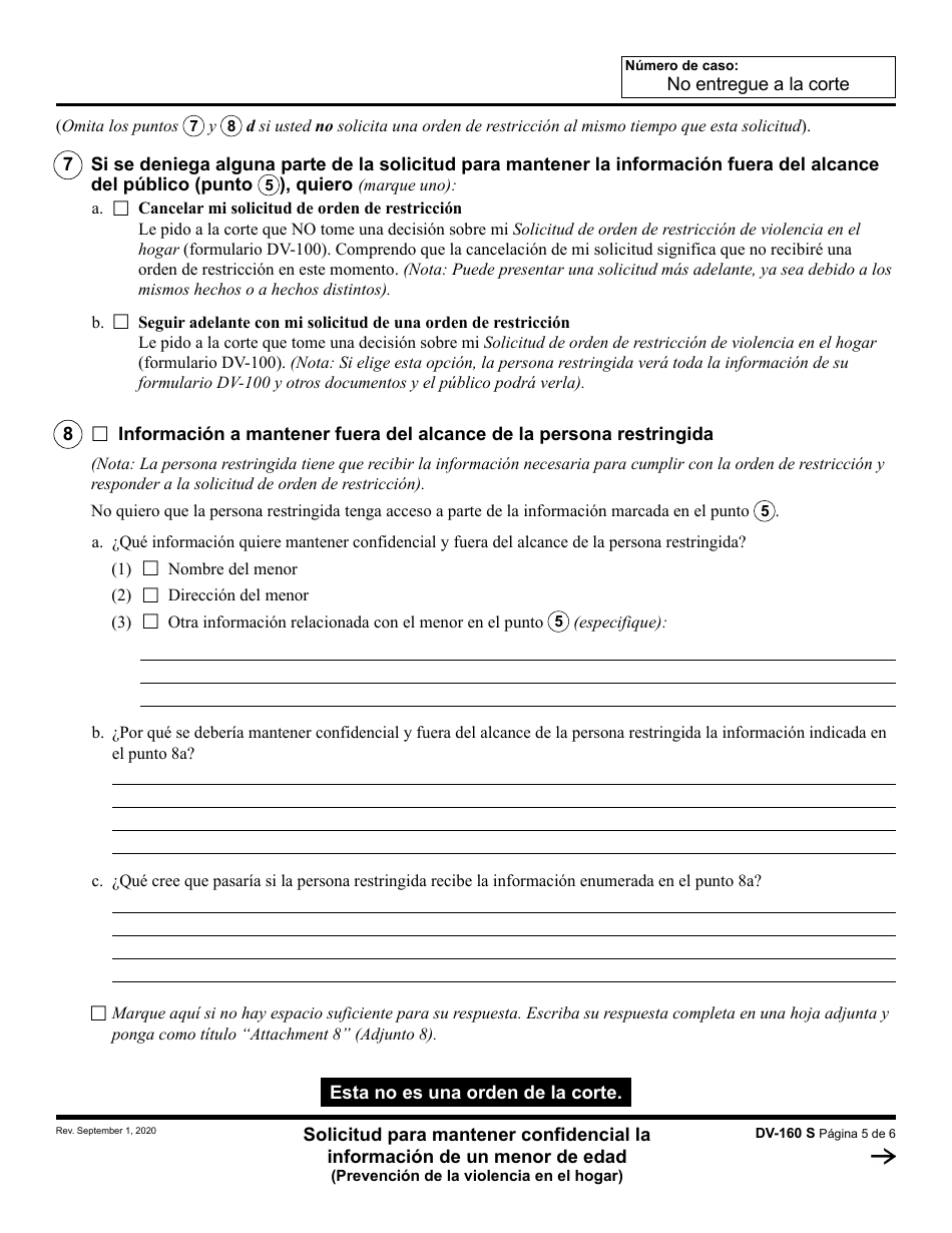 Formulario DV-160 Solicitud Para Mantener Confidencial La Informacion De Un Menor De Edad - California (Spanish), Page 5