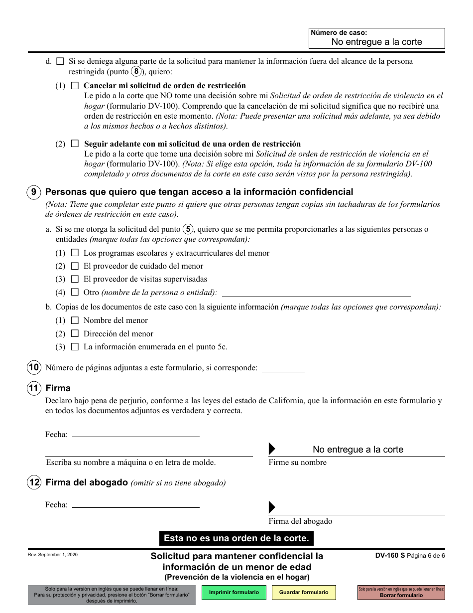 Formulario DV-160 Solicitud Para Mantener Confidencial La Informacion De Un Menor De Edad - California (Spanish), Page 6