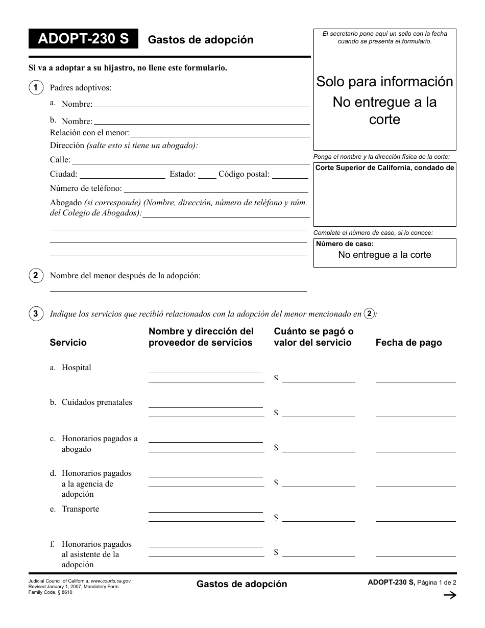 Formulario ADOPT-230 Gastos De Adopcion - California (Spanish), Page 1