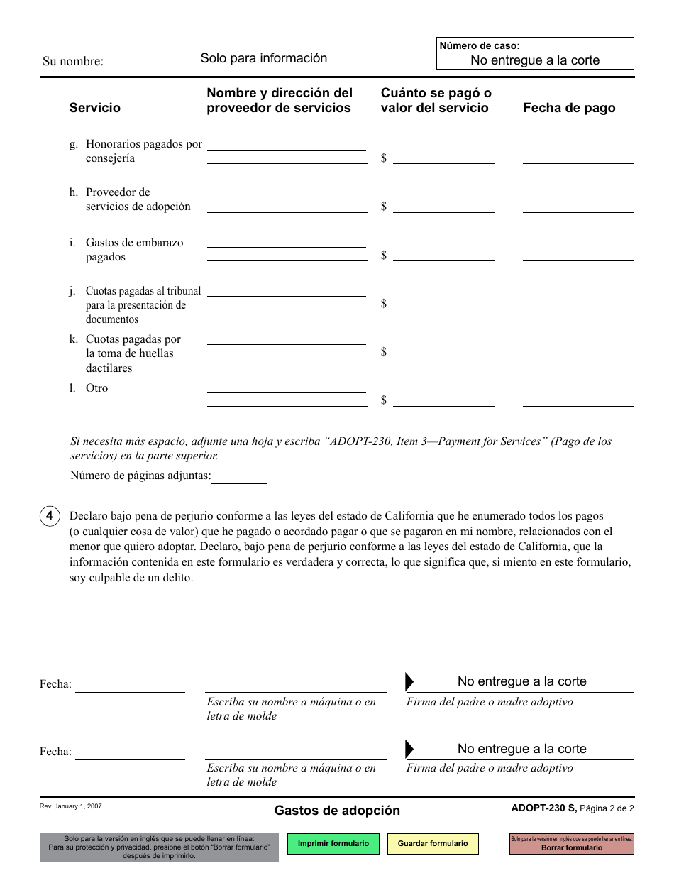 Formulario ADOPT-230 Gastos De Adopcion - California (Spanish), Page 2
