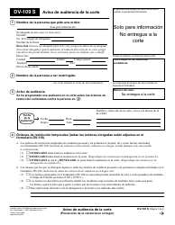 Document preview: Formulario DV-109 Aviso De Audiencia De La Corte - California (Spanish)