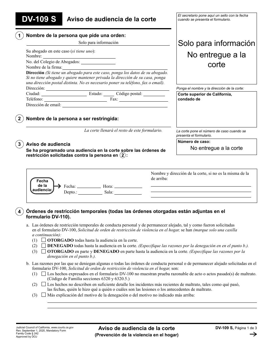 Formulario DV-109 Aviso De Audiencia De La Corte - California (Spanish), Page 1
