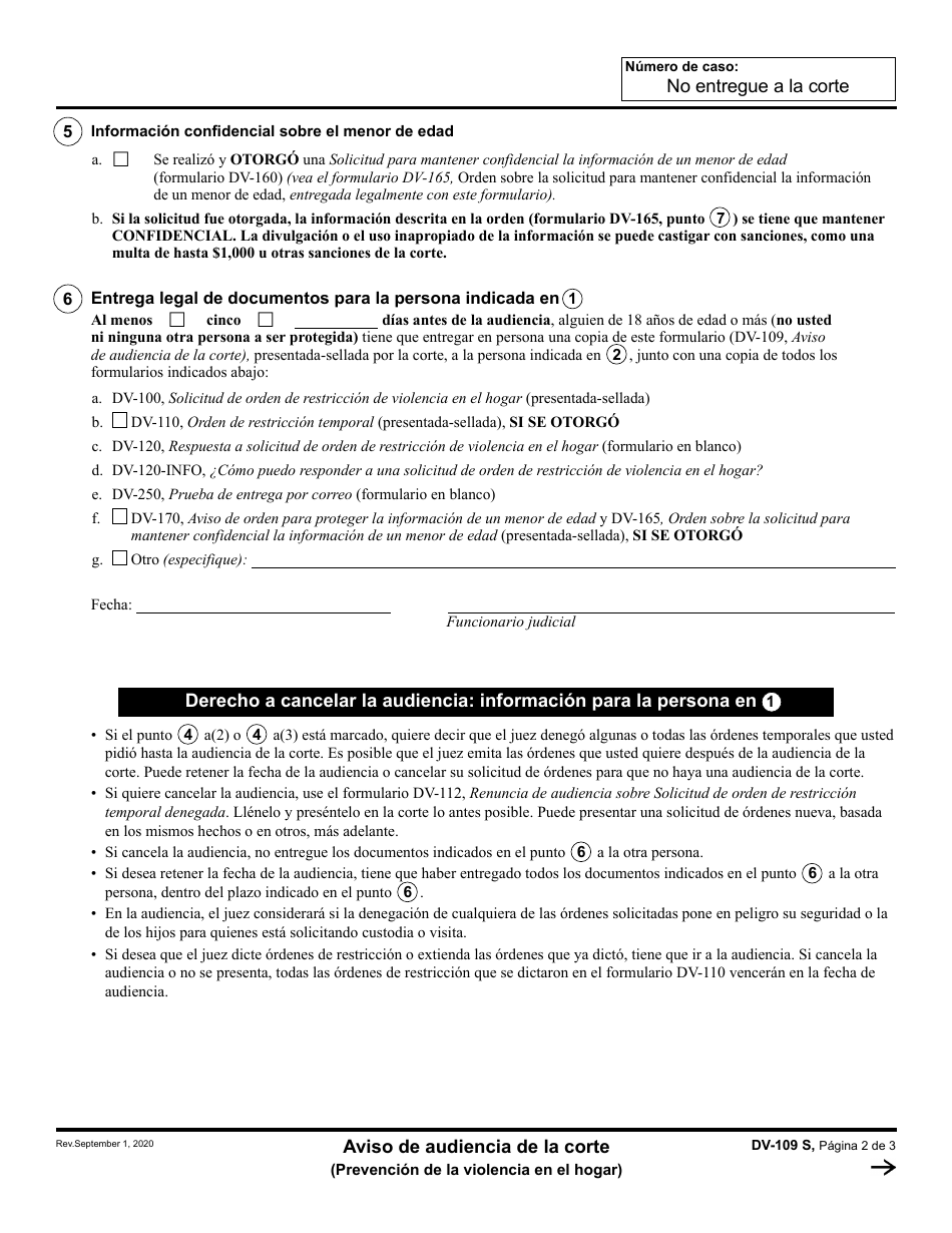 Formulario DV-109 Aviso De Audiencia De La Corte - California (Spanish), Page 2