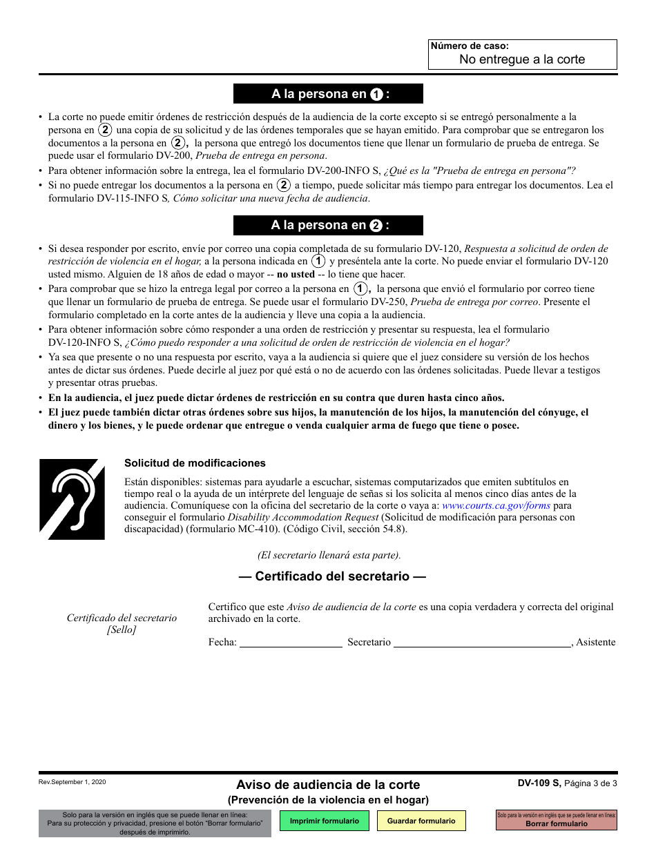 Formulario DV-109 Aviso De Audiencia De La Corte - California (Spanish), Page 3