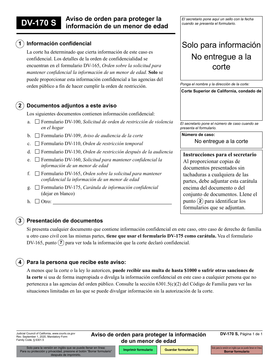 Formulario DV-170 Aviso De Orden Para Proteger La Informacion De Un Menor De Edad - California (Spanish), Page 1