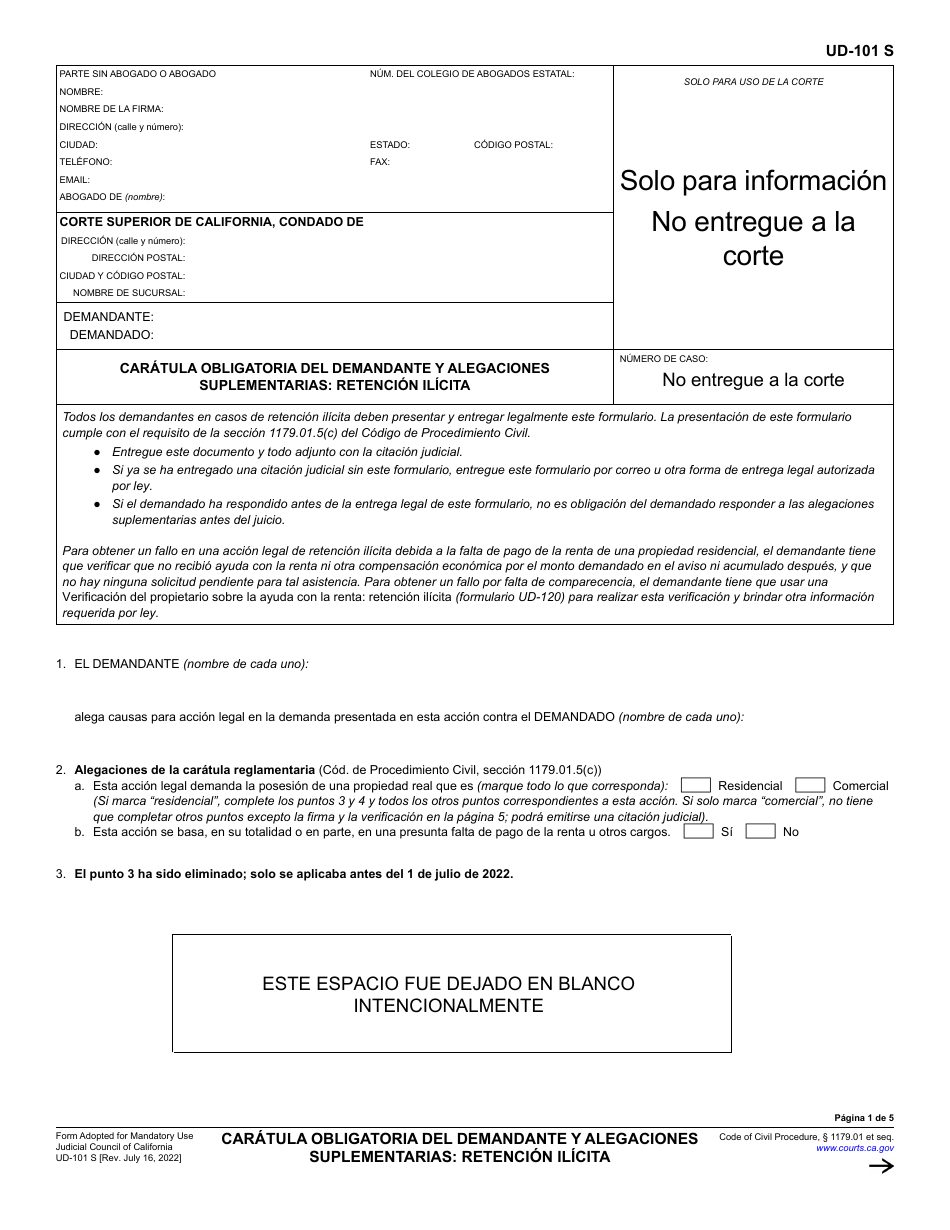 Formulario UD-101 Caratula Obligatoria Del Demandante Y Alegaciones Suplementarias - Retencion Ilicita - California (Spanish), Page 1