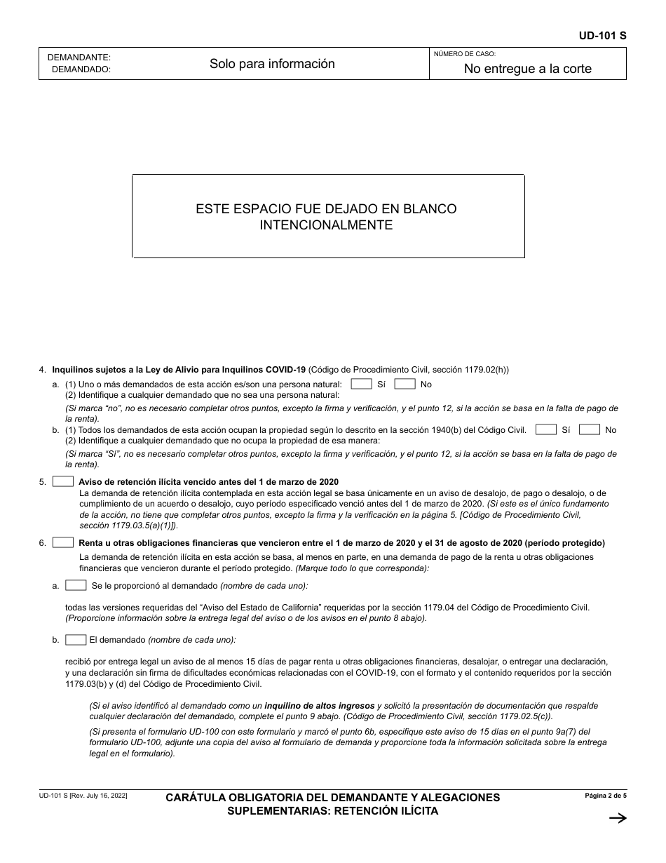 Formulario UD-101 Caratula Obligatoria Del Demandante Y Alegaciones Suplementarias - Retencion Ilicita - California (Spanish), Page 2