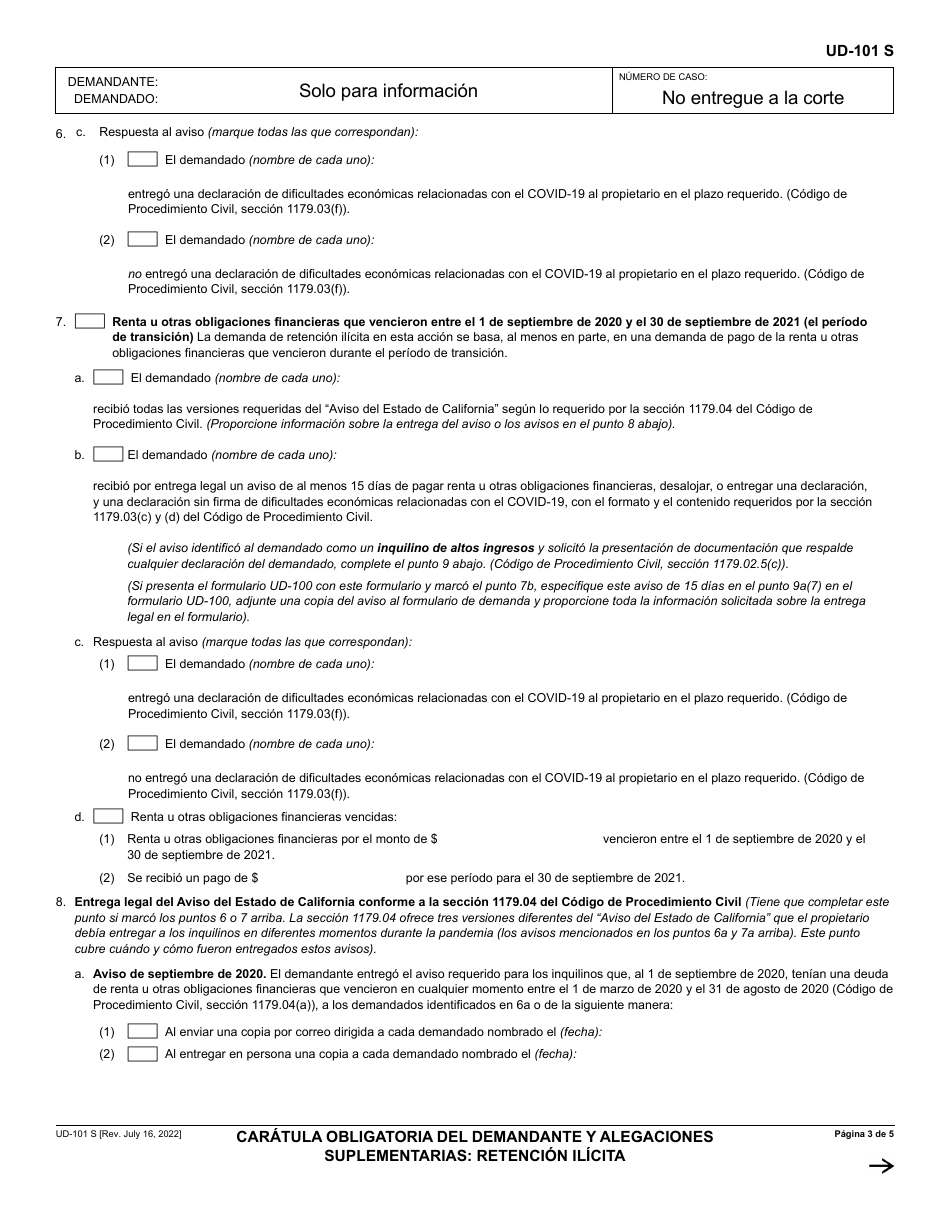 Formulario UD-101 Caratula Obligatoria Del Demandante Y Alegaciones Suplementarias - Retencion Ilicita - California (Spanish), Page 3
