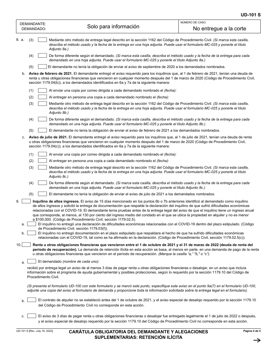 Formulario UD-101 Caratula Obligatoria Del Demandante Y Alegaciones Suplementarias - Retencion Ilicita - California (Spanish), Page 4
