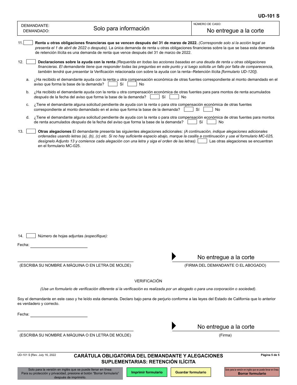 Formulario UD-101 Caratula Obligatoria Del Demandante Y Alegaciones Suplementarias - Retencion Ilicita - California (Spanish), Page 5