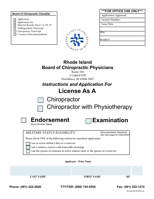 Application for License as a Chiropractor / Chiropractor With Physiotherapy - Rhode Island Download Pdf