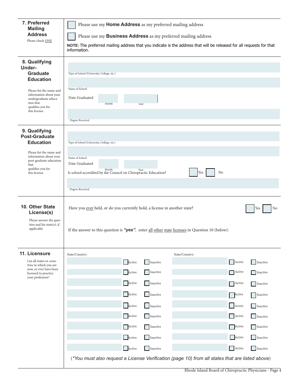 Application for License as a Chiropractor / Chiropractor With Physiotherapy - Rhode Island, Page 4