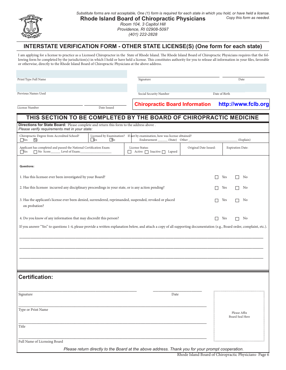 Application for License as a Chiropractor / Chiropractor With Physiotherapy - Rhode Island, Page 6