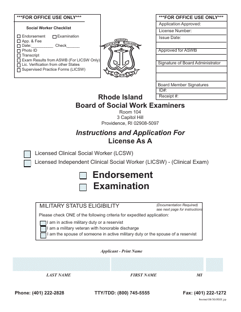 Application for License as a Licensed Clinical Social Worker (Lcsw) / Licensed Independent Clinical Social Worker (Licsw) - (Clinical Exam) - Rhode Island Download Pdf