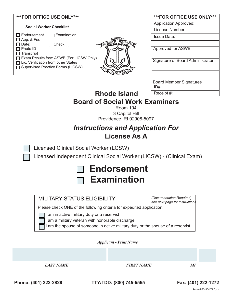 Application for License as a Licensed Clinical Social Worker (Lcsw) / Licensed Independent Clinical Social Worker (Licsw) - (Clinical Exam) - Rhode Island, Page 1