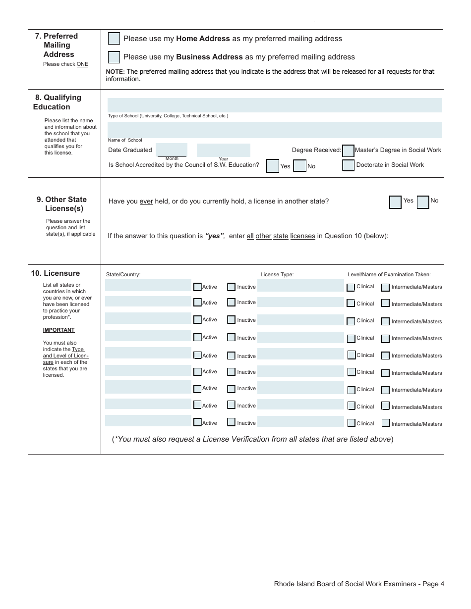 Application for License as a Licensed Clinical Social Worker (Lcsw) / Licensed Independent Clinical Social Worker (Licsw) - (Clinical Exam) - Rhode Island, Page 4
