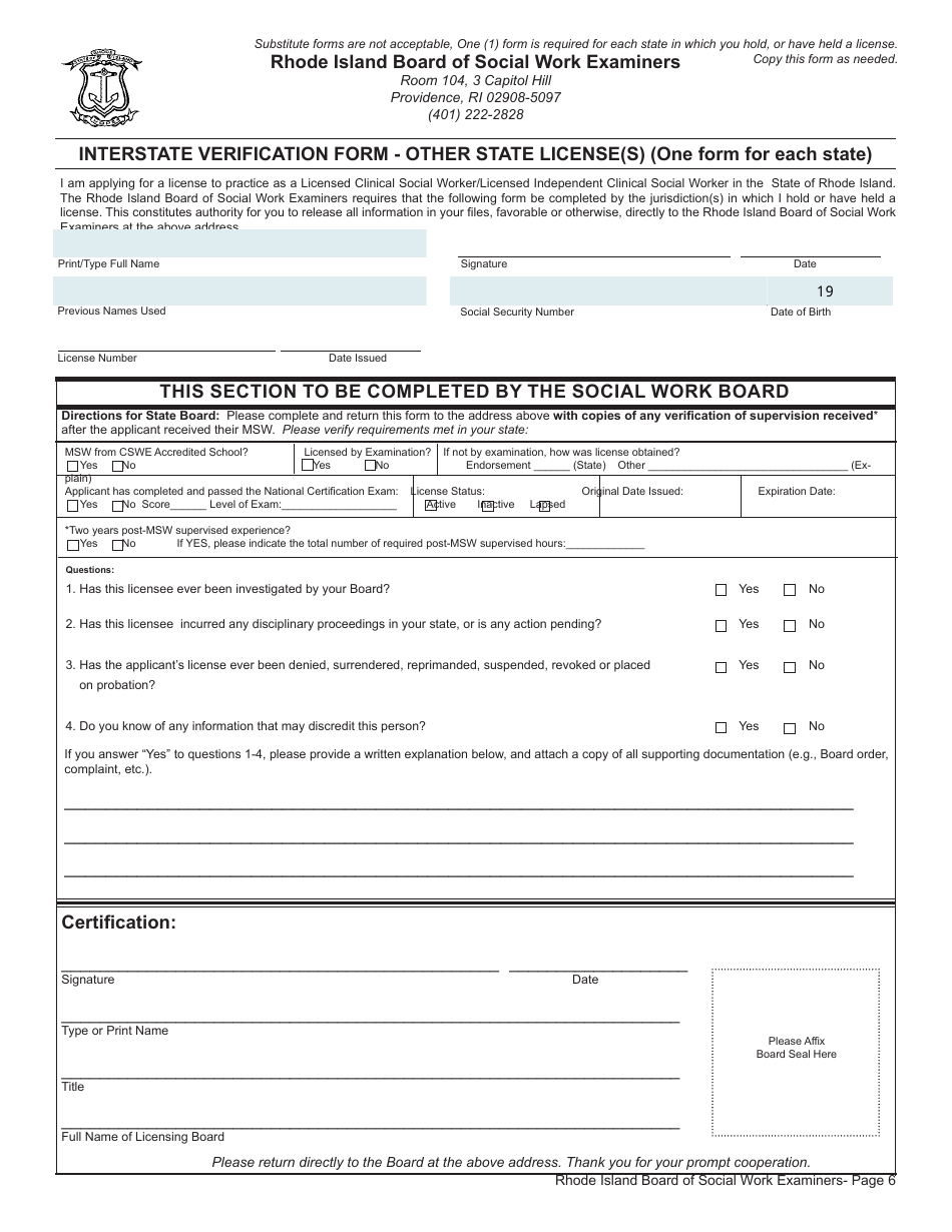 Rhode Island Application for License as a Licensed Clinical Social