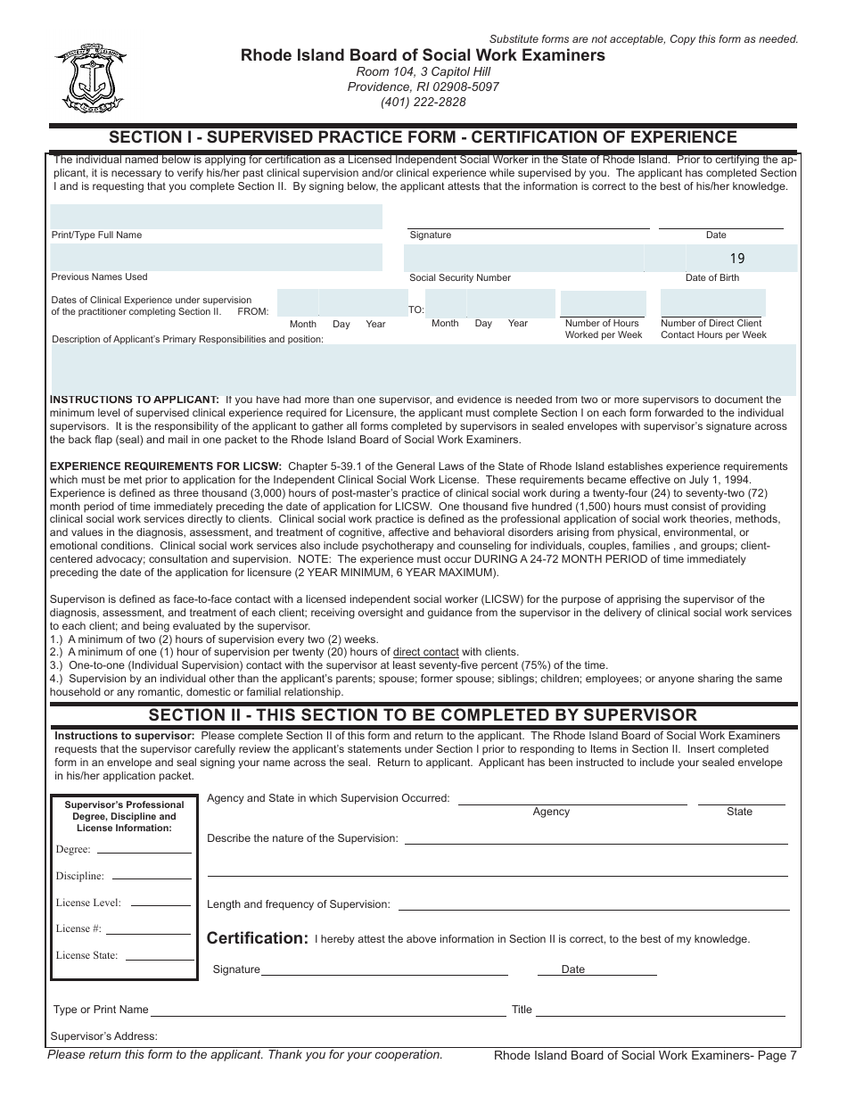 Application for License as a Licensed Clinical Social Worker (Lcsw) / Licensed Independent Clinical Social Worker (Licsw) - (Clinical Exam) - Rhode Island, Page 7