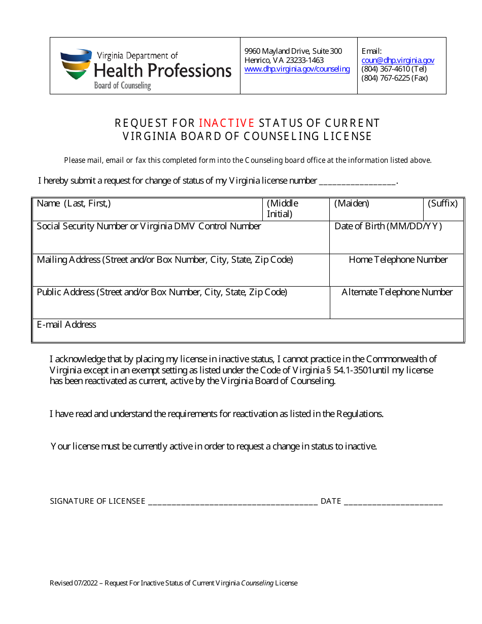 Request for Inactive Status of Current Virginia Board of Counseling License - Virginia, Page 1