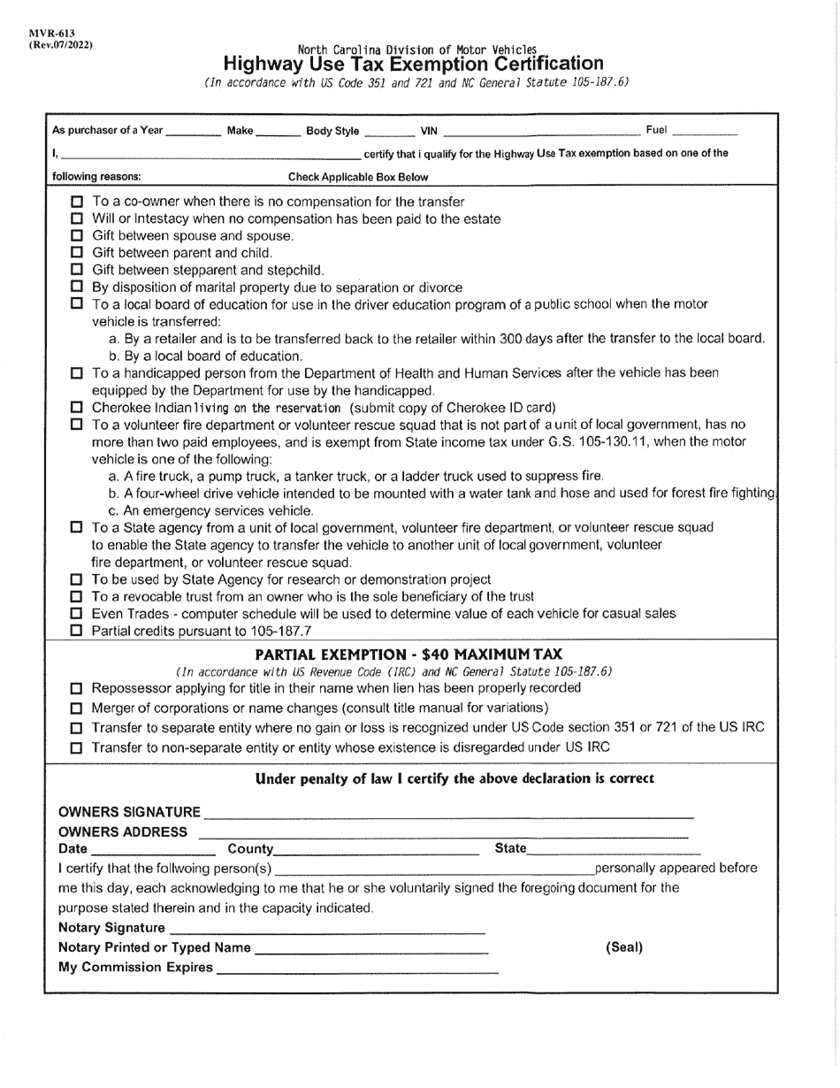 Form MVR-613 Highway Use Tax Exemption Certification - North Carolina, Page 1