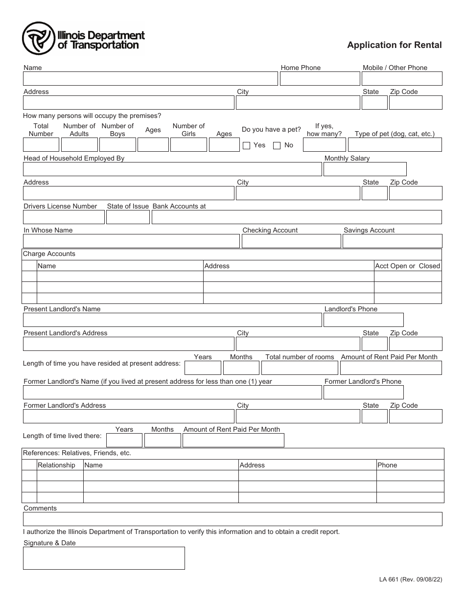 Form LA661 Application for Rental - Illinois, Page 1