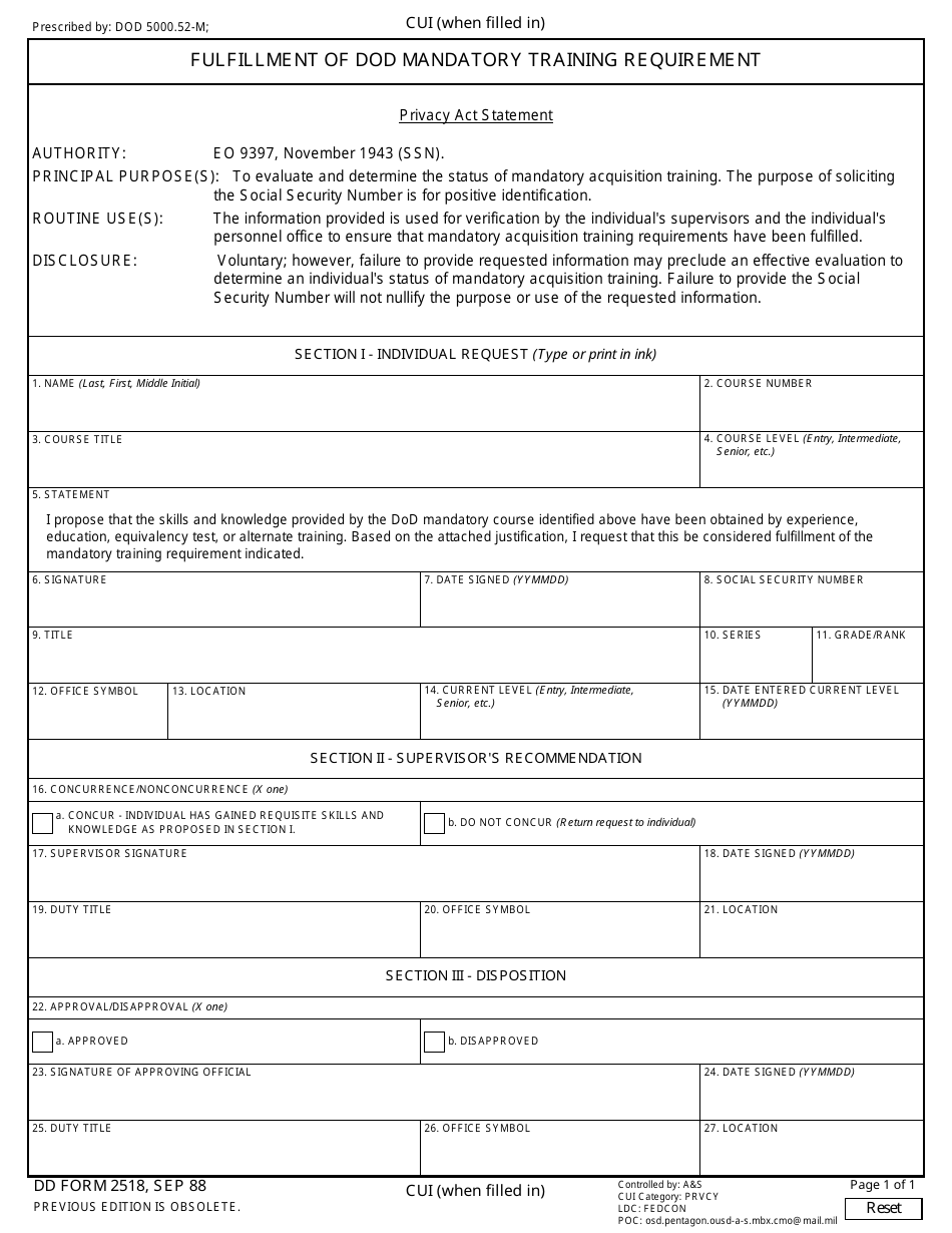DD Form 2518 Fulfillment of DoD Mandatory Training Requirement, Page 1