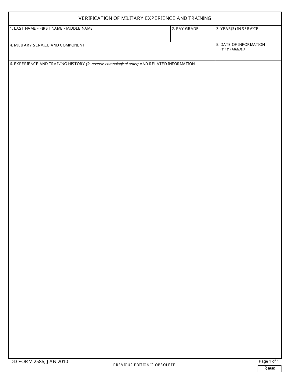 DD Form 2586 Verification of Military Experience and Training, Page 1