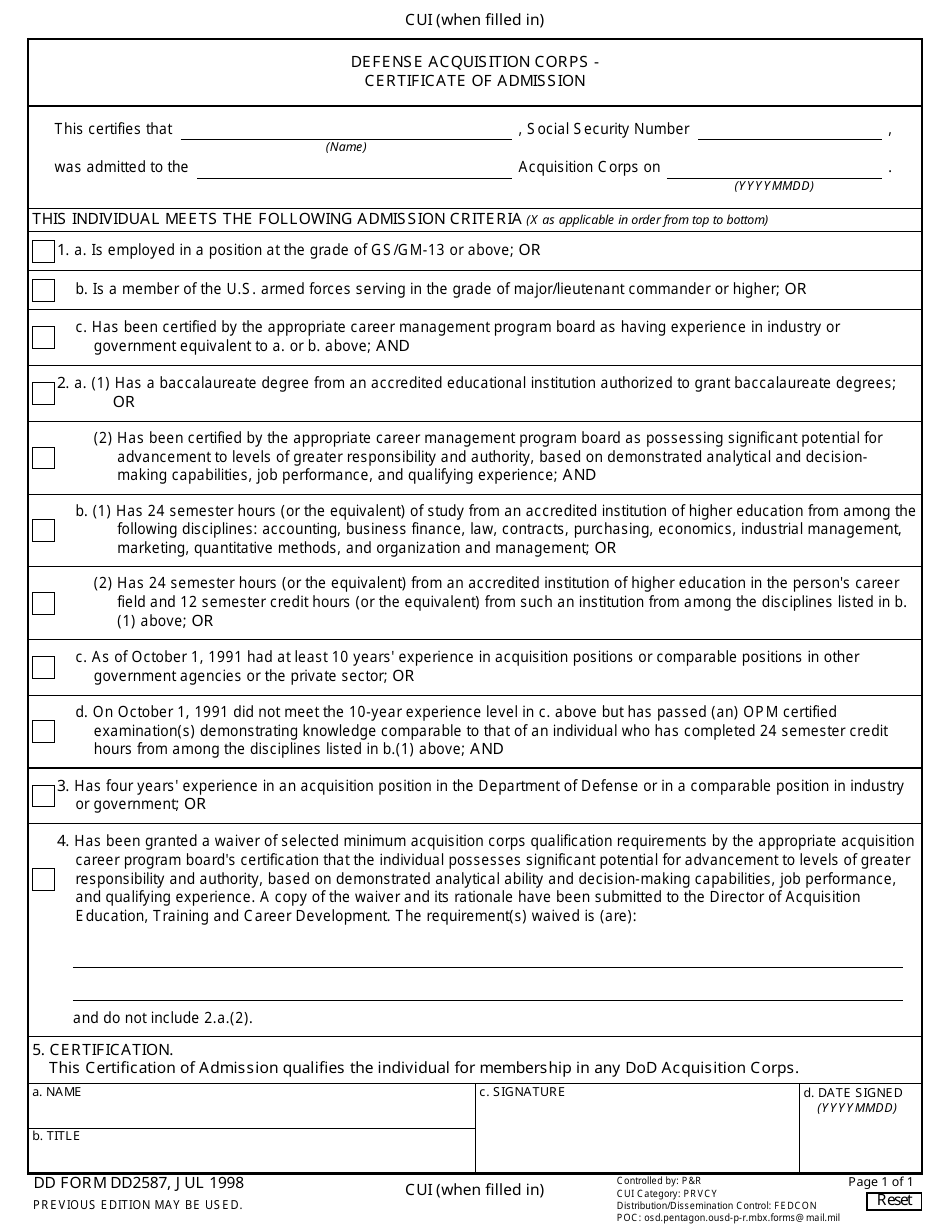 DD Form 2587 Defense Acquisition Corps - Certificate of Admission, Page 1