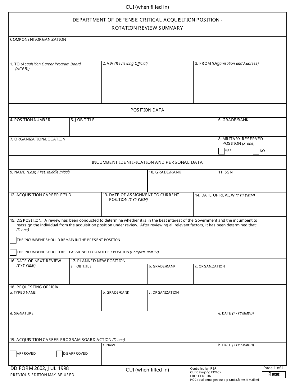 DD Form 2602 Department of Defense Critical Acquisition Position - Rotation Review Summary, Page 1