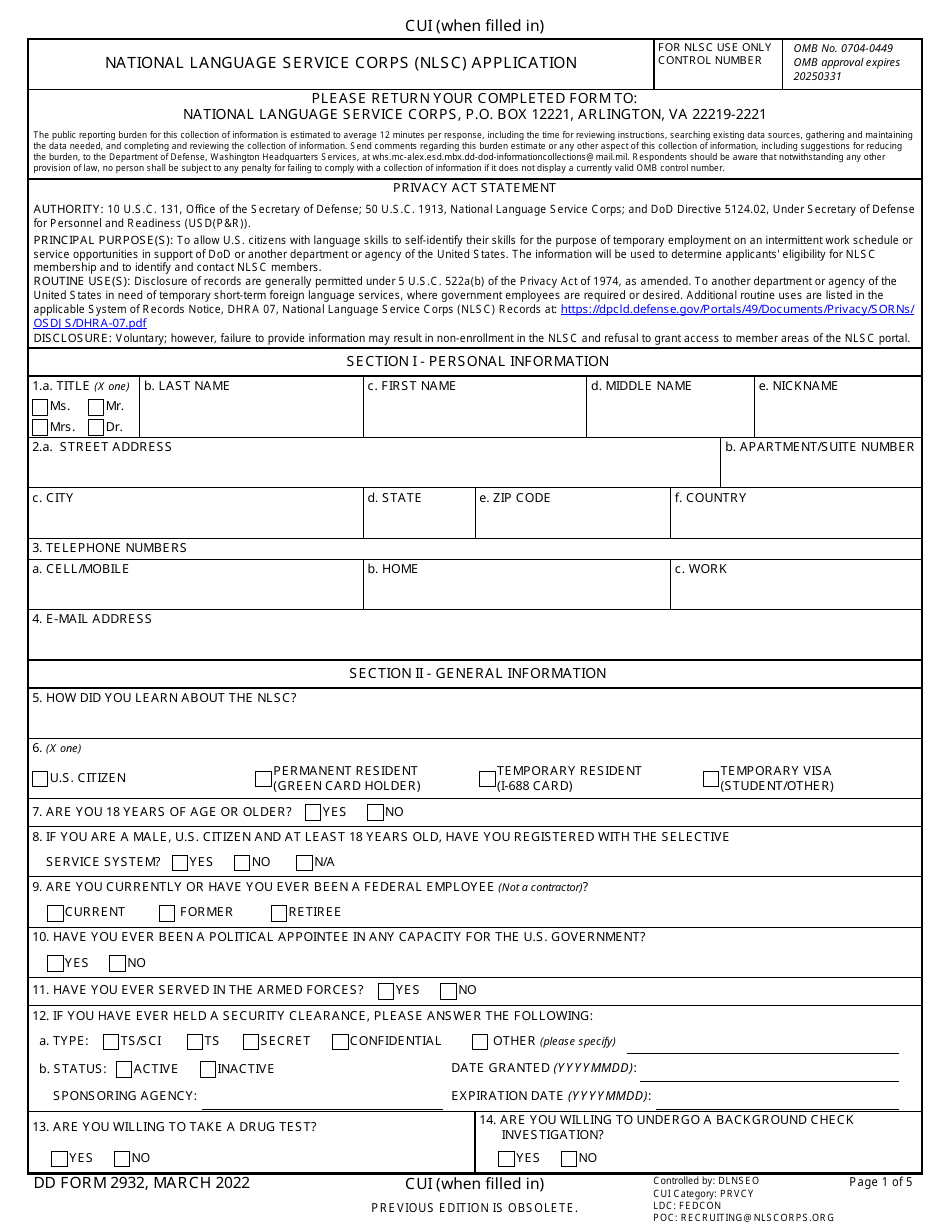 DD Form 2932 National Language Service Corps (Nlsc) Application, Page 1