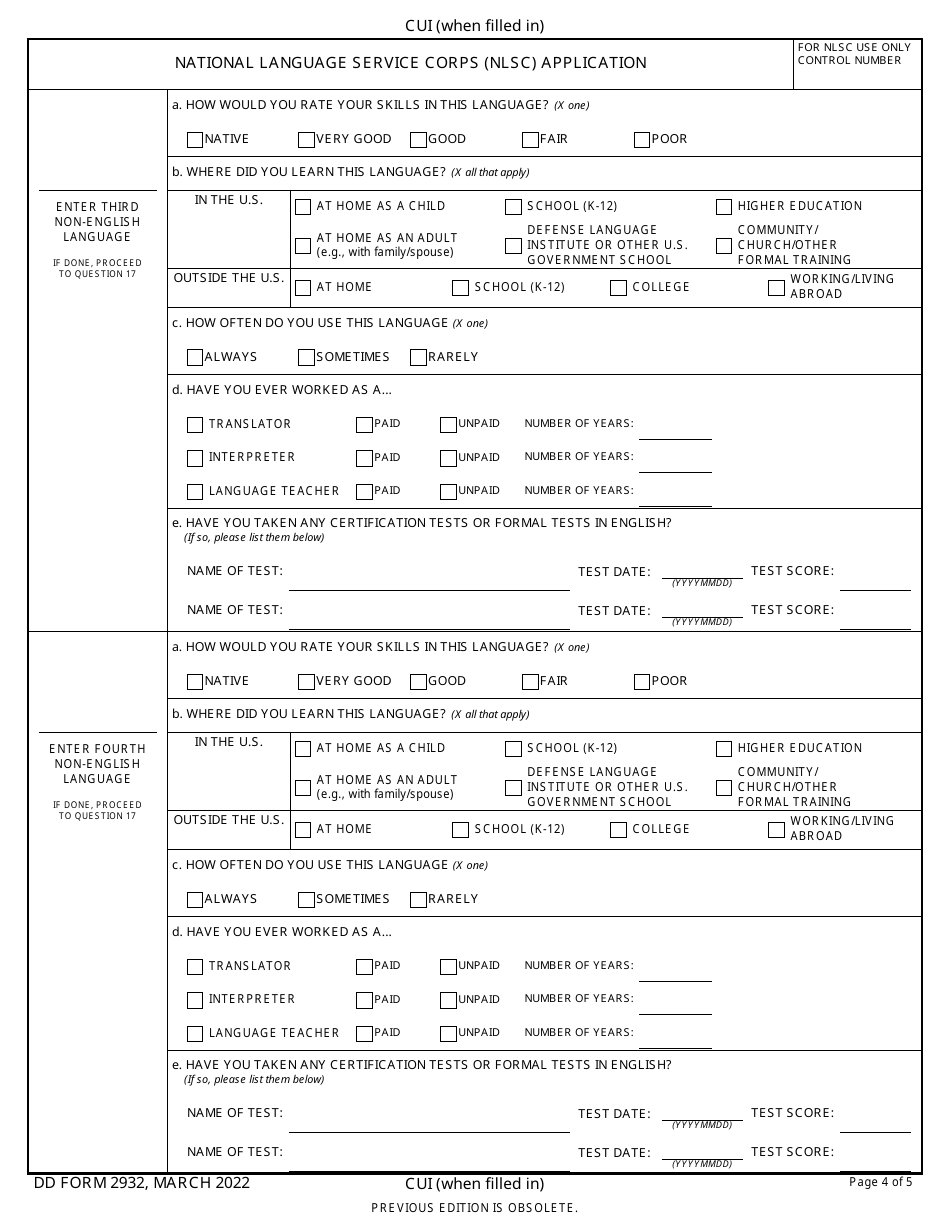 DD Form 2932 National Language Service Corps (Nlsc) Application, Page 4