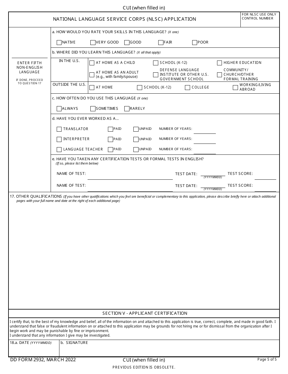 DD Form 2932 National Language Service Corps (Nlsc) Application, Page 5