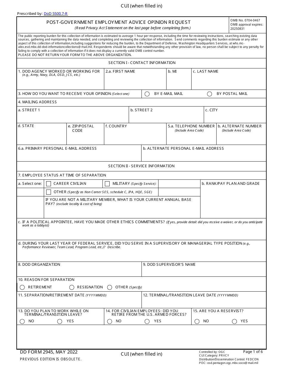 DD Form 2945 Download Fillable PDF or Fill Online Post-government ...