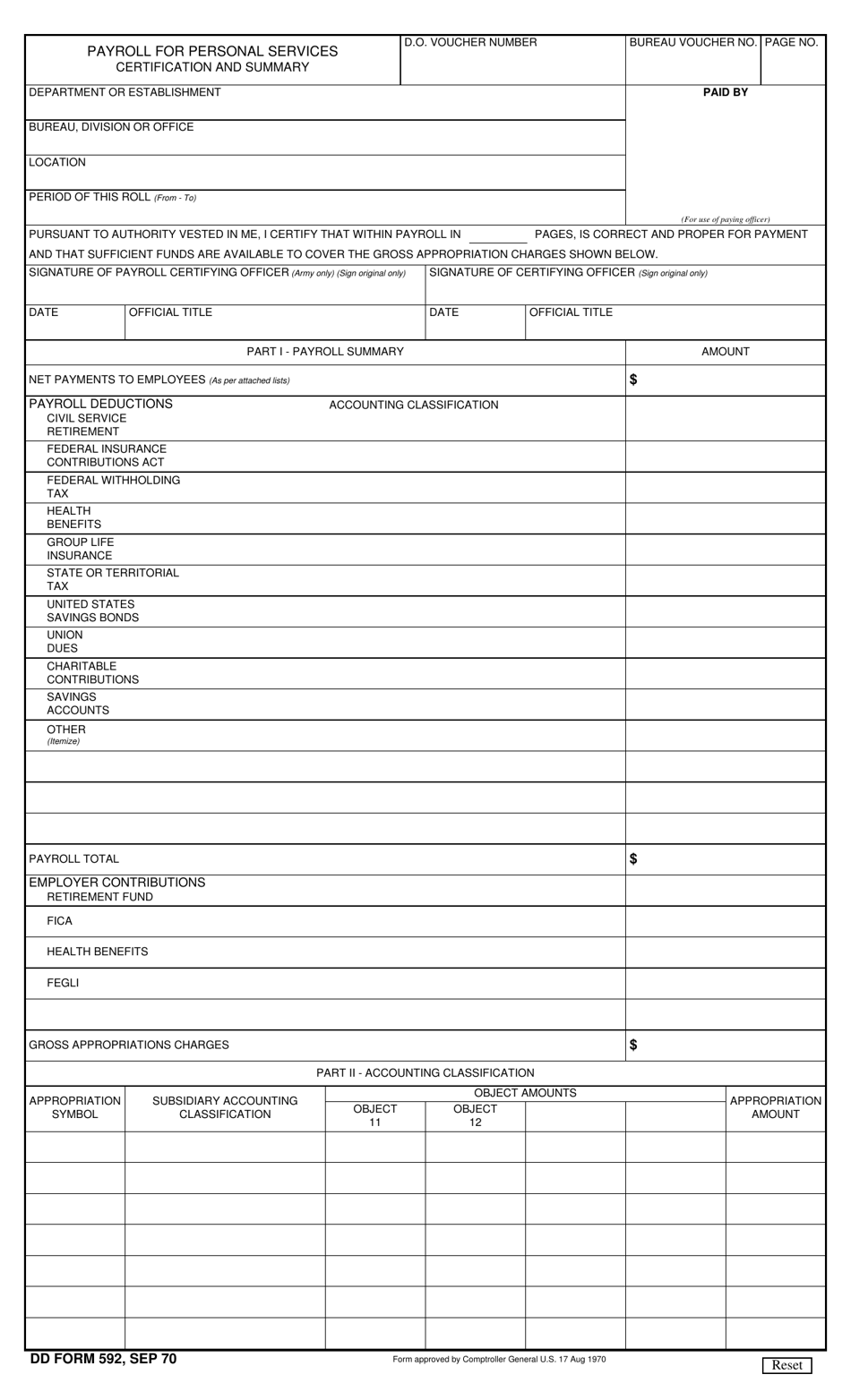 DD Form 592 Payroll for Personal Services Certification and Summary, Page 1